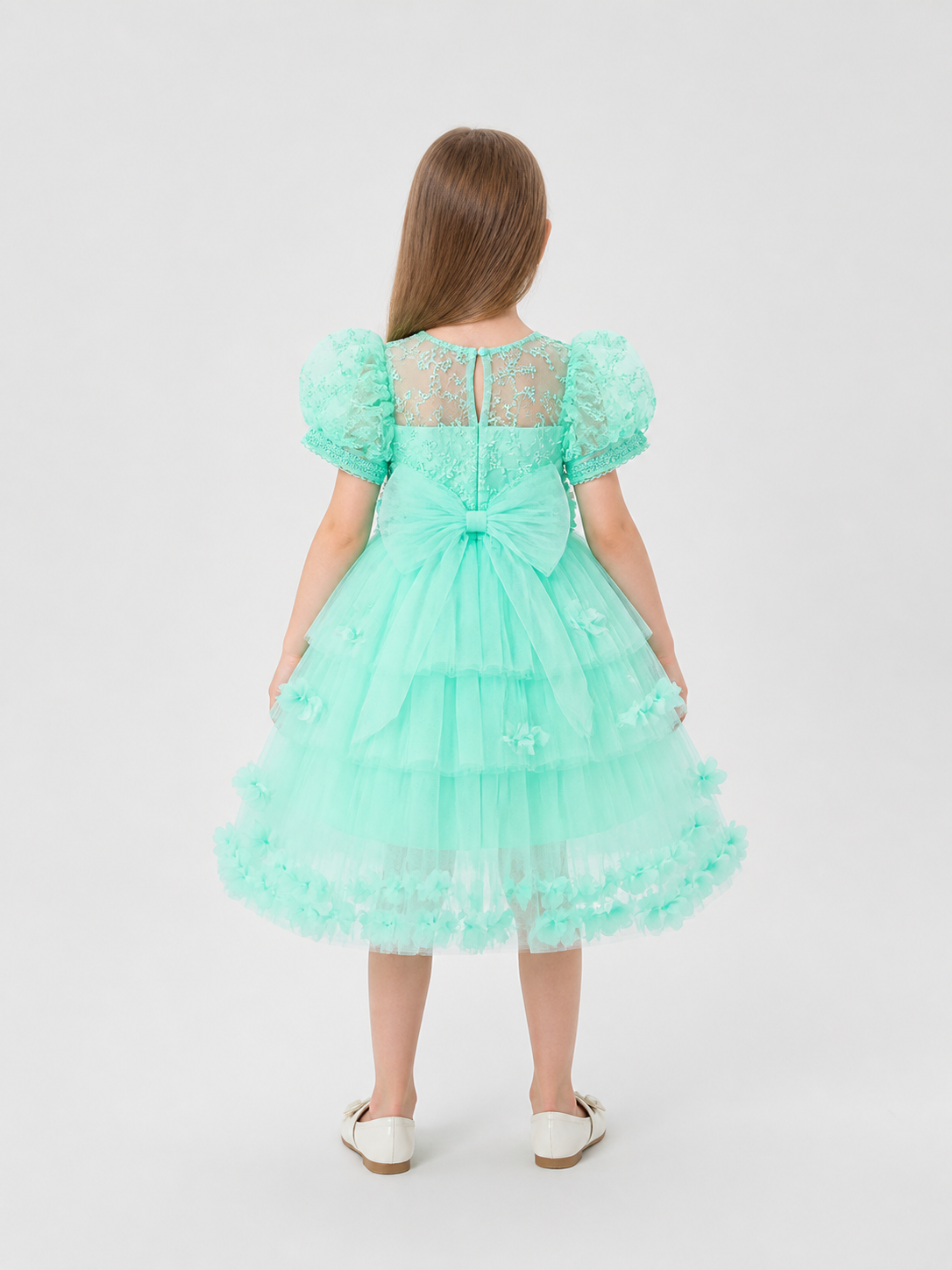Dressy Children's Tulle Dress with Flowers and Full Skirt back view