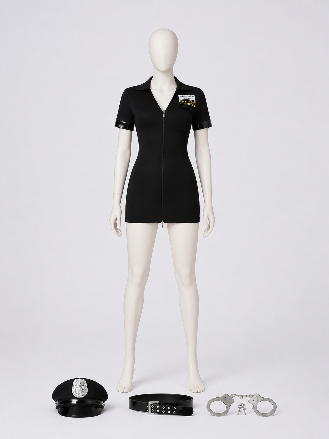 Police Costume with Headwear, Belt, and Accessories back view