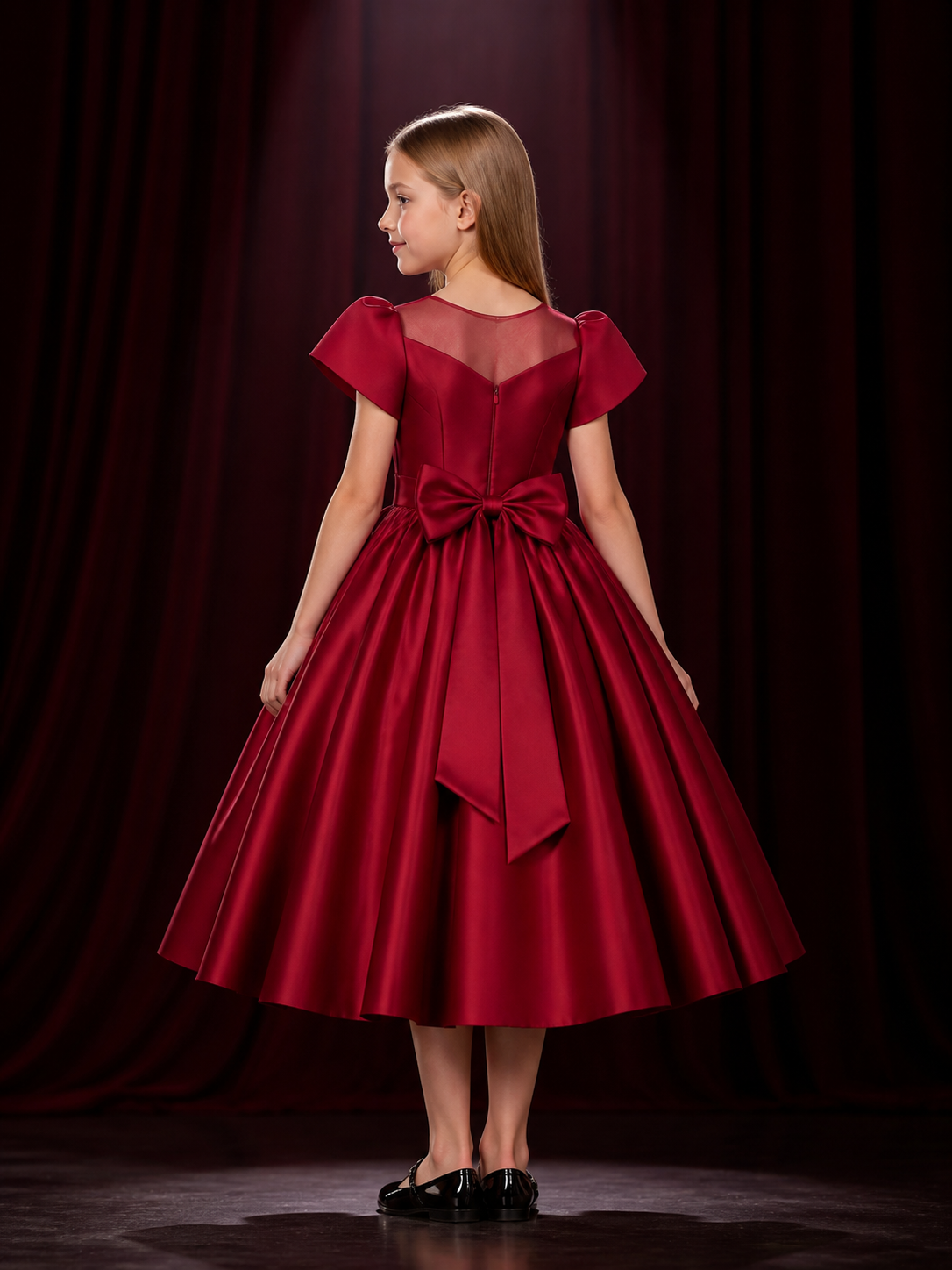 Girls' Burgundy Princess Dress, Short Sleeve Bow Detail Puff Skirt Gown back view