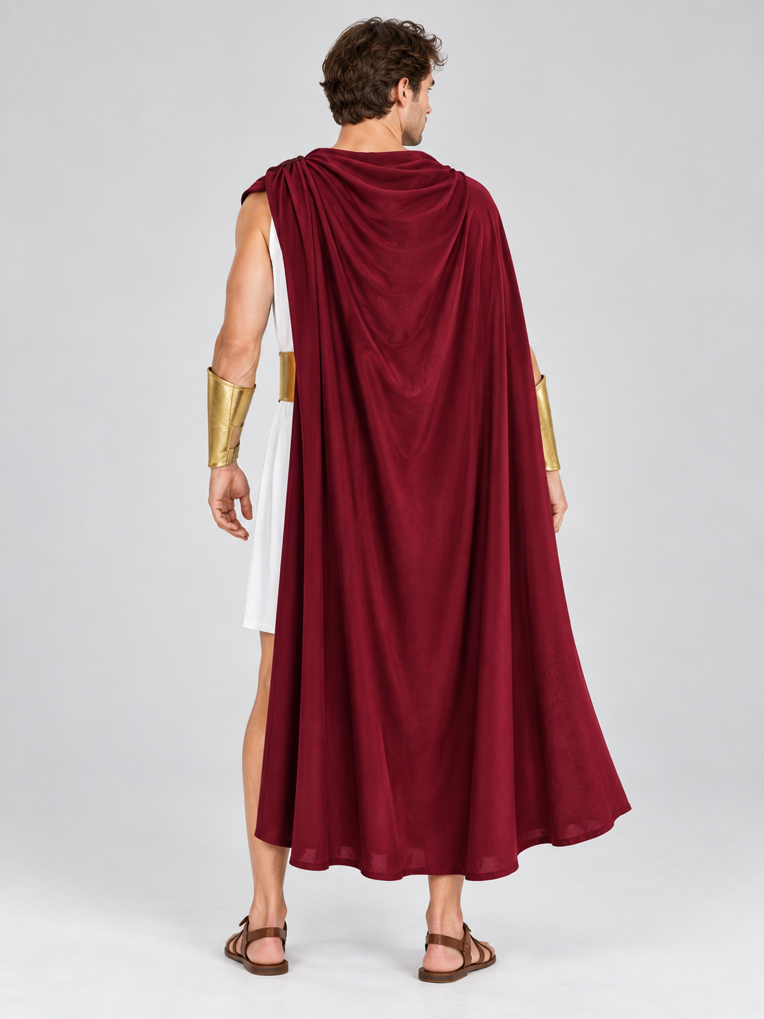 Ancient-style costume with a burgundy cloak and white tunic