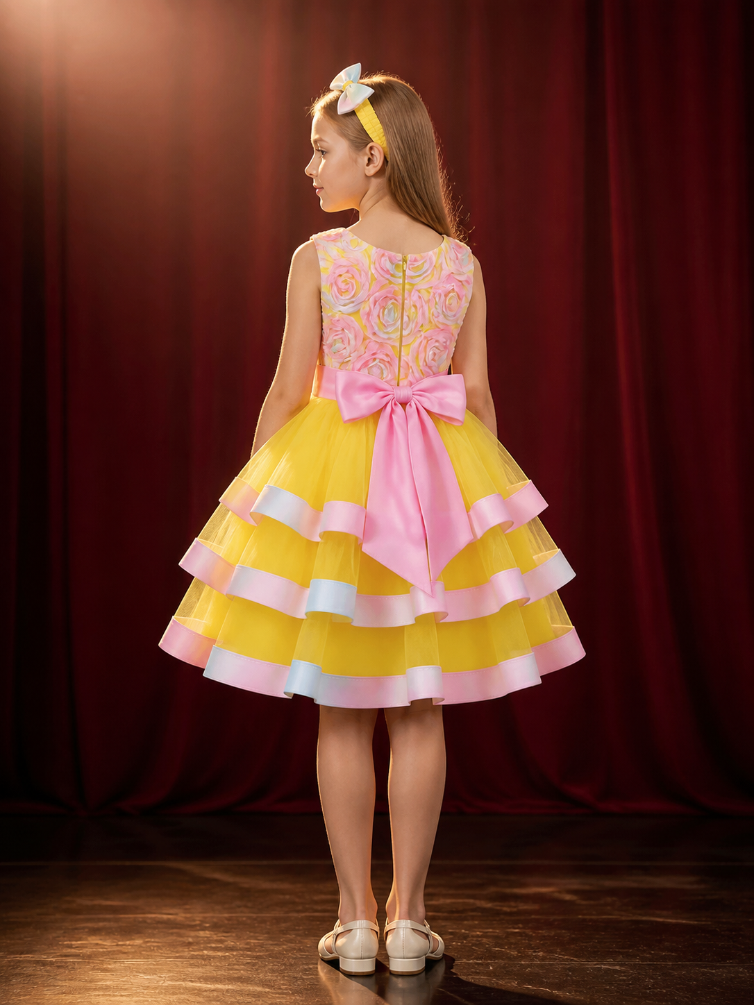 Girls' Princess Dress, Layered Tulle Cake Skirt With Rose and Bow Details