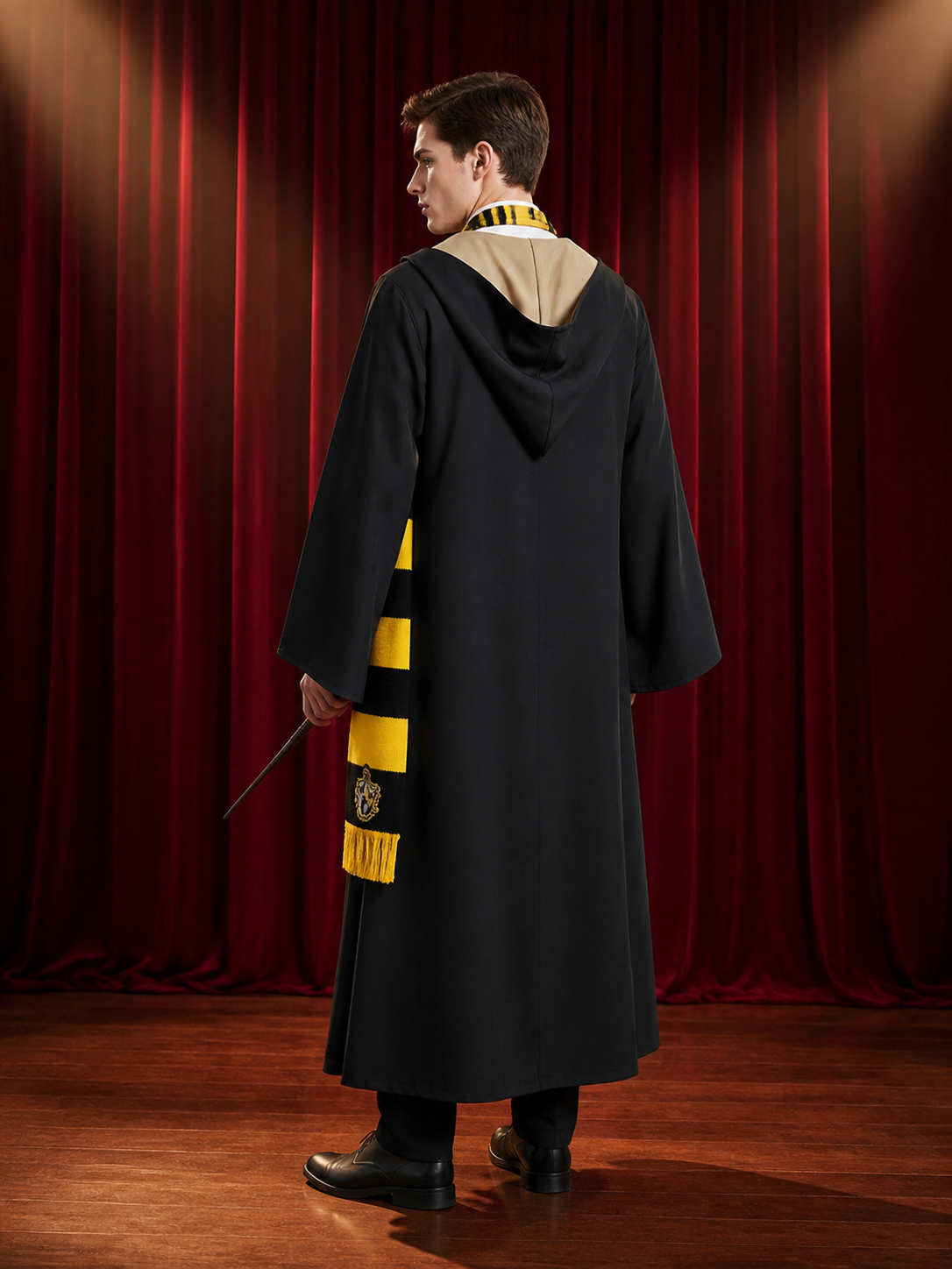 Hufflepuff Wizard Robe Costume Set with Hooded Cloak, Tie and Scarf back view