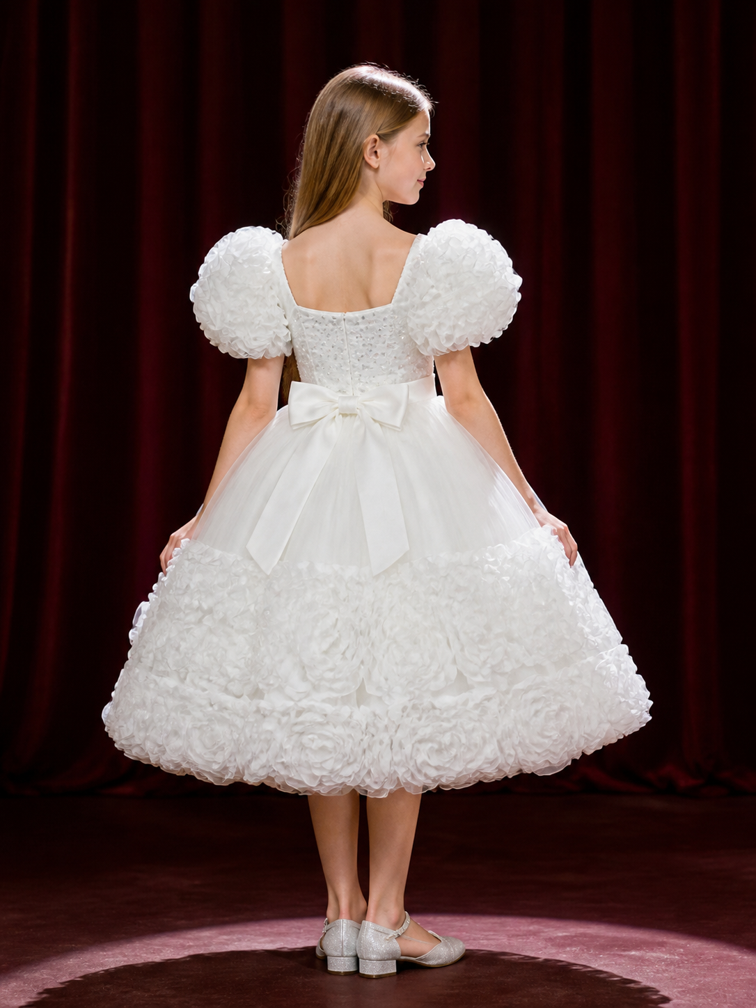 Toddler Girls' White Sequined Princess Dress with Ruffled Skirt and Bow back view