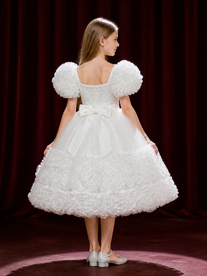 Toddler Girls' White Sequined Princess Dress with Ruffled Skirt and Bow back view