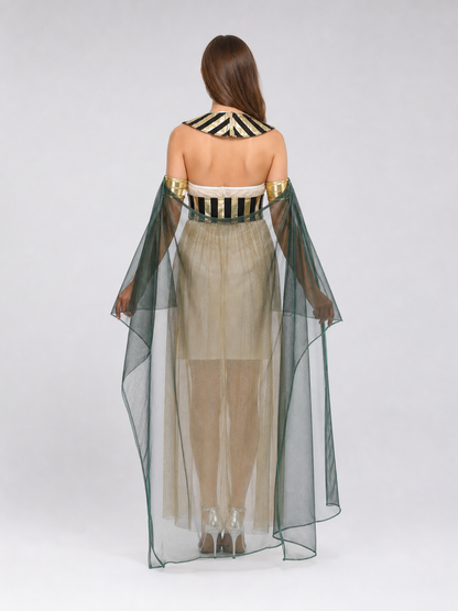 Women’s Egyptian Pharaoh Queen Halloween Cosplay Dress Set with Headpiece, Belt, Arm Accessories and Draped Sleeves for Stage Performance