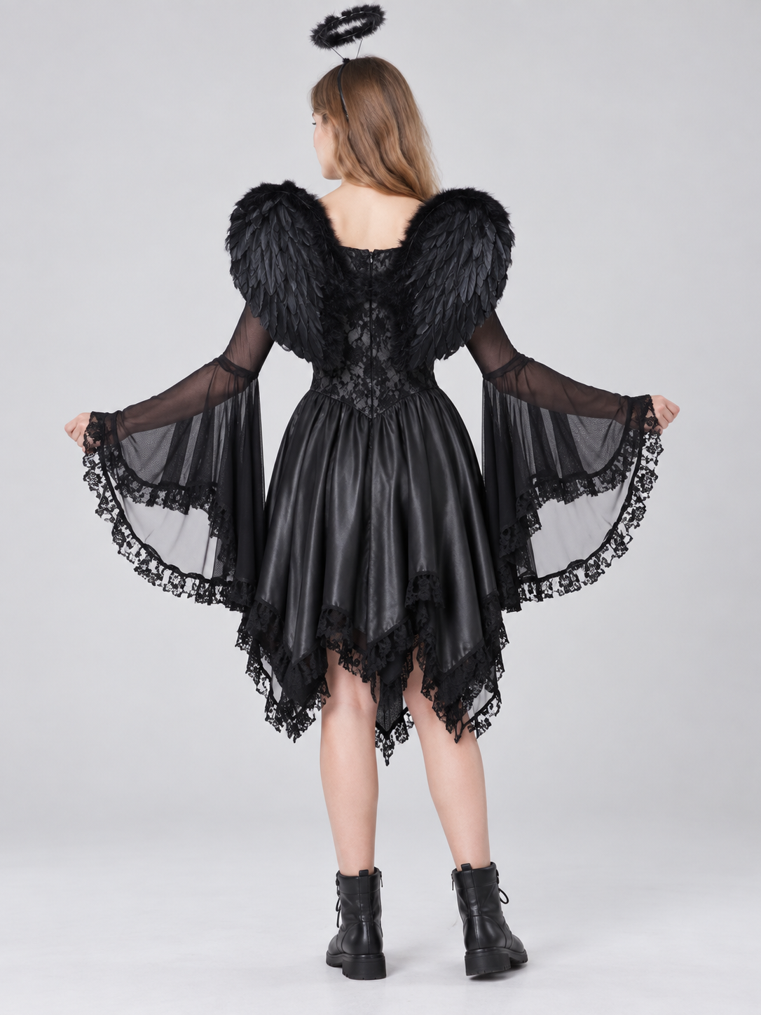 Carnival Costume with Black Dress, Wings, and Halo