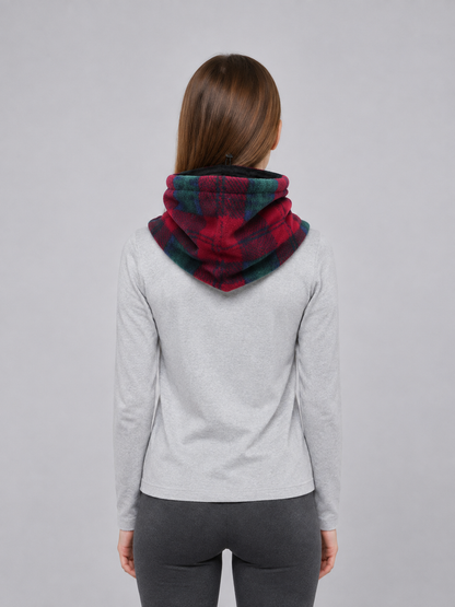 Insulated red neck gaiter with a plaid pattern back view
