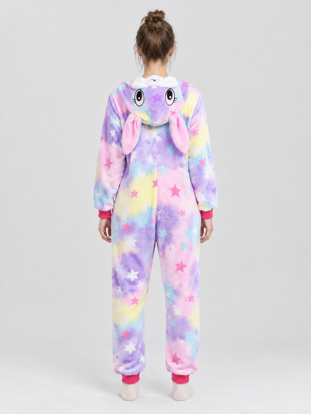 Hooded Pajama Jumpsuit with Ears and Star Print