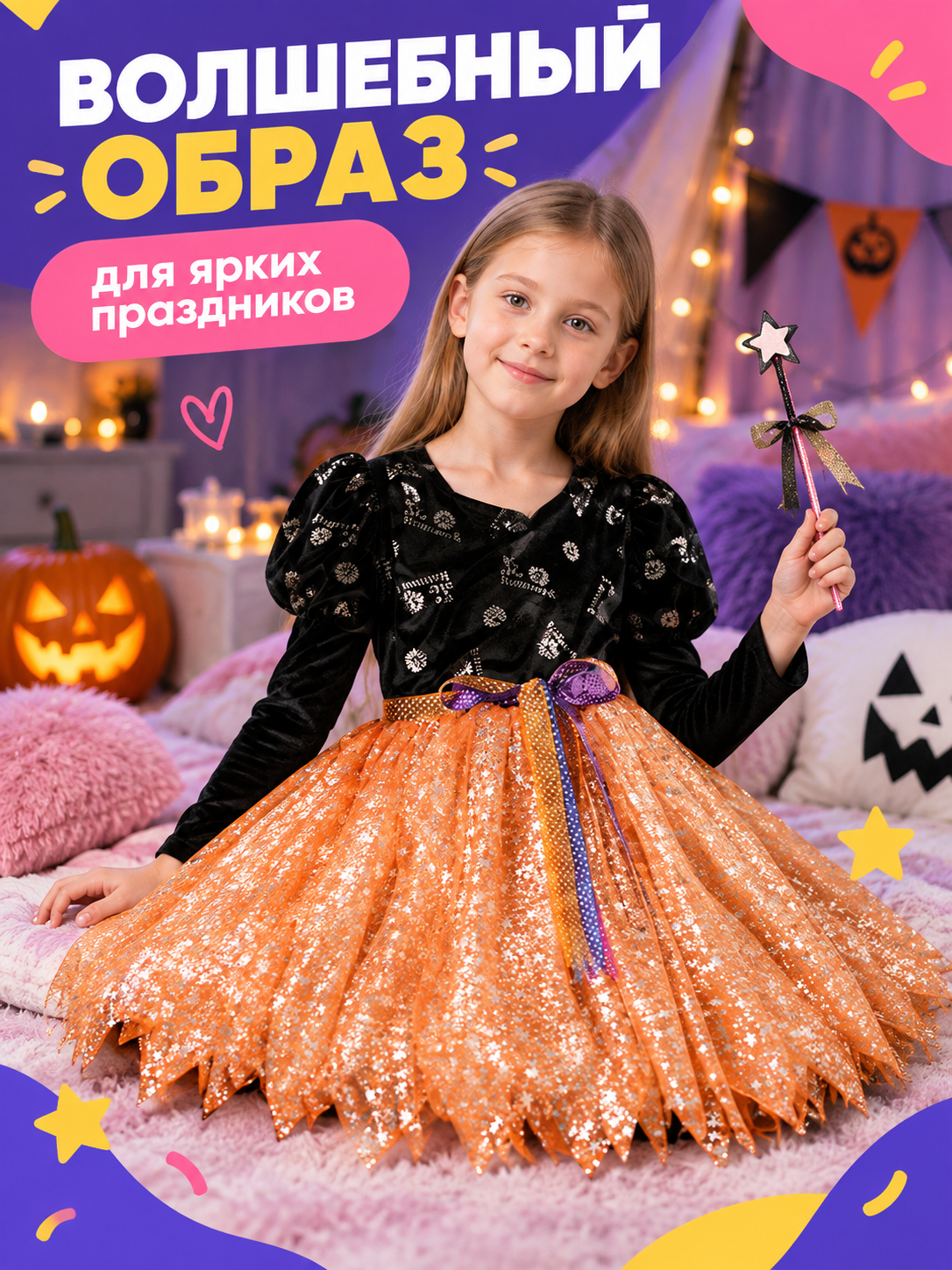 Costume Dress with an Orange Skirt and Purple Bow back view