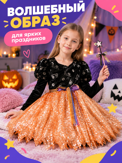 Costume Dress with an Orange Skirt and Purple Bow back view