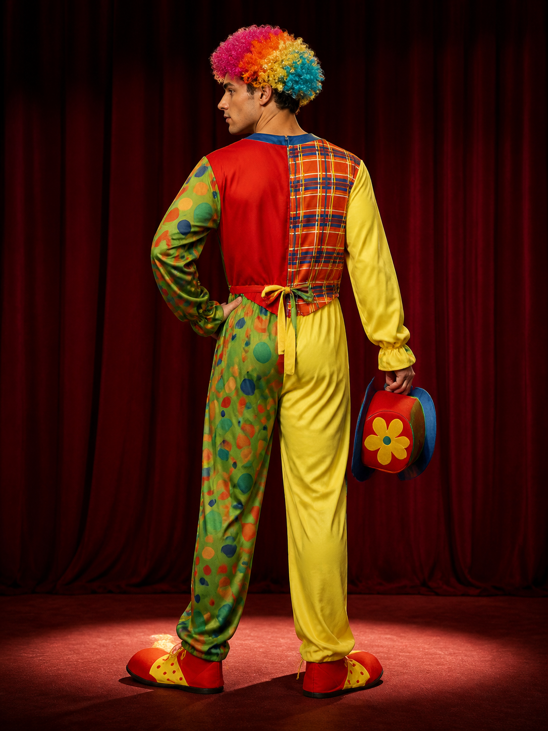 Unisex Adult Clown Costume Set, Colorful Polka Dot Jumpsuit with Vest, Bow Tie back view