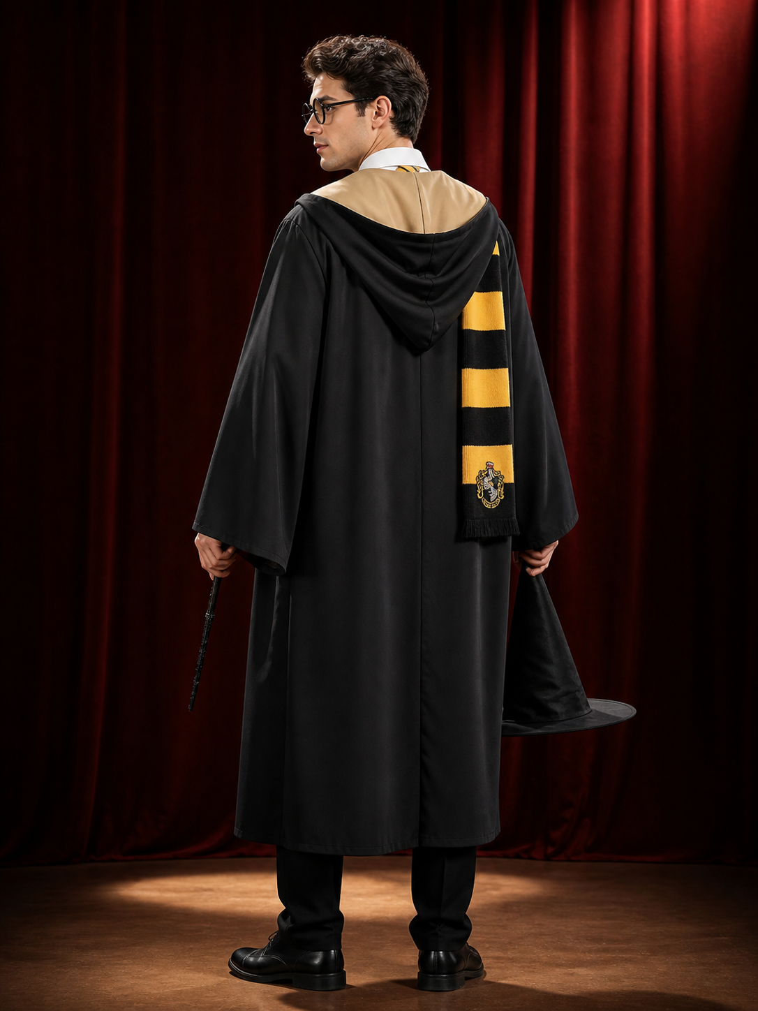 Wizard Halloween Costume Set - Black Hooded Robe with Striped Tie, Scarf back view