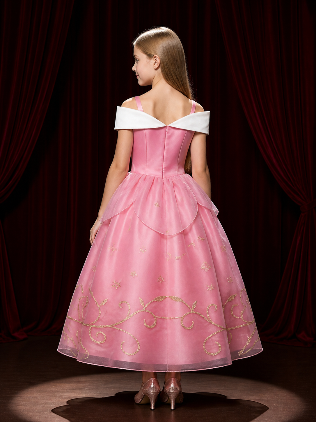 Girls' Princess Dress Costume, White Collar & Gold Trim, Pink Tutu Dress for back view