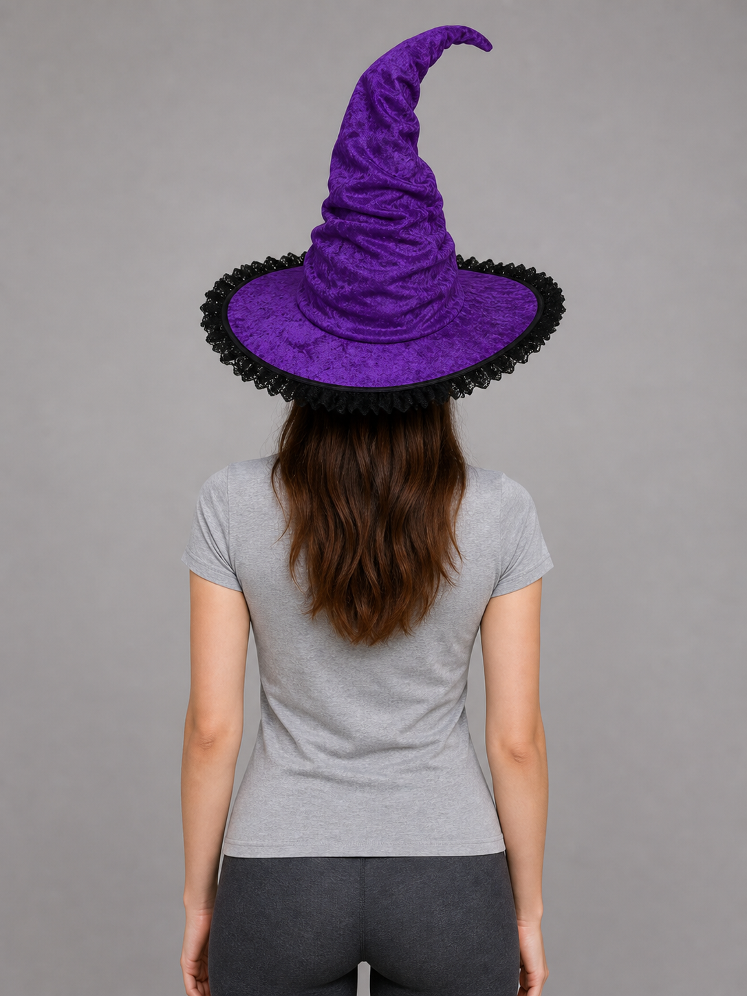 Halloween Witch Hat, Tall Curved Pointed Crown, Wide Irregular Brim, Deep Purple Gothic Style with Black Trim for Cosplay and Themed Parties