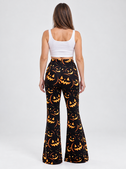 Black Flared Carnival Pants with Orange Smiling Pumpkin Print