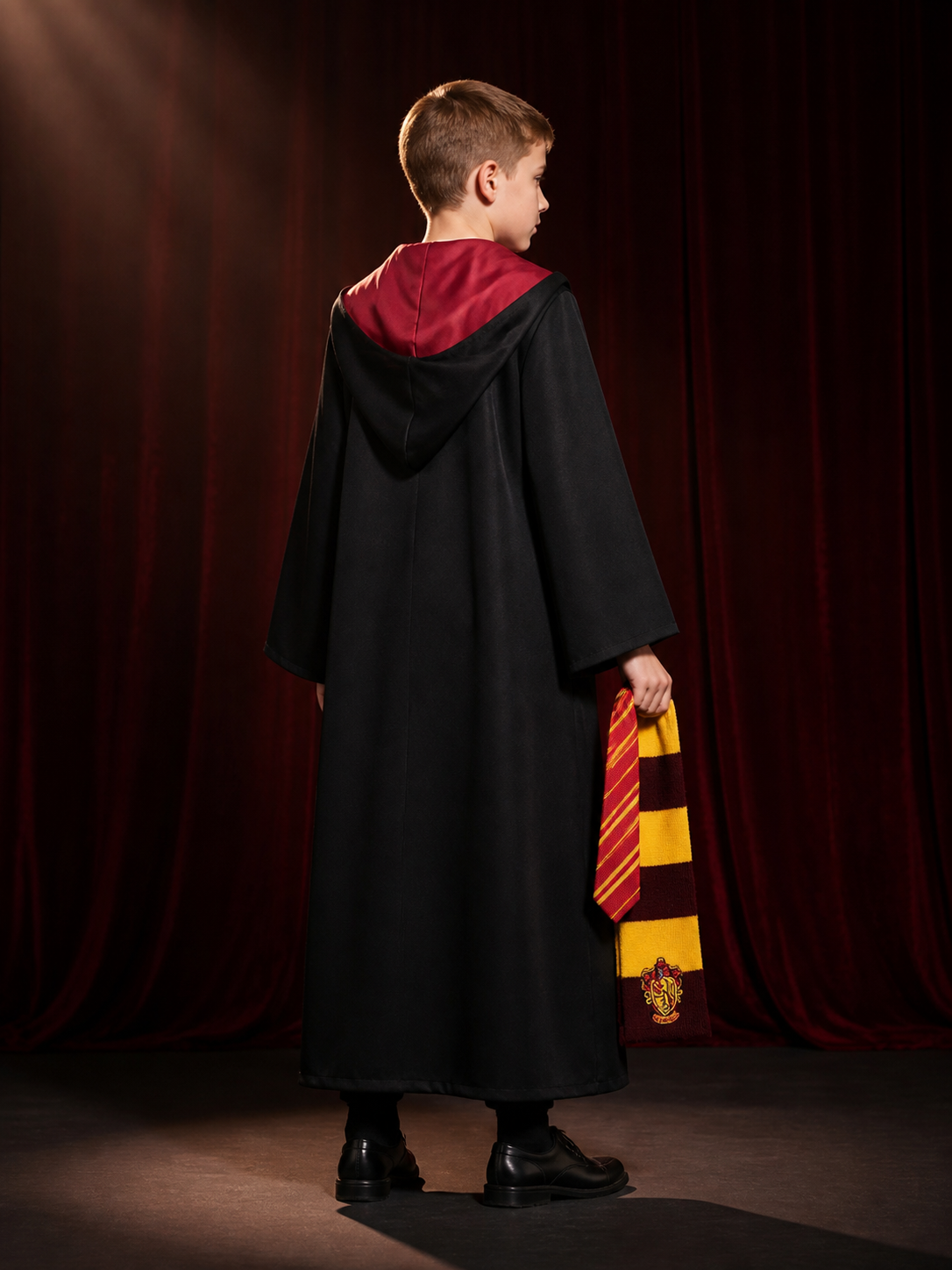 Kids Wizard Robe Costume Set, Hooded Black Cloak with Tie and Scarf back view