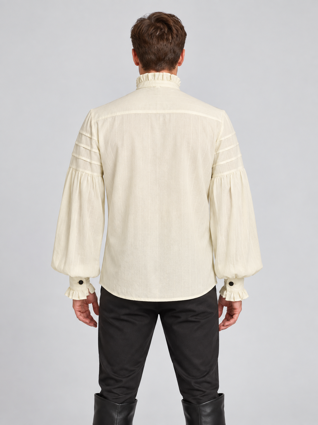 Beige Striped Button-Down Shirt with Jabot and Ruffles