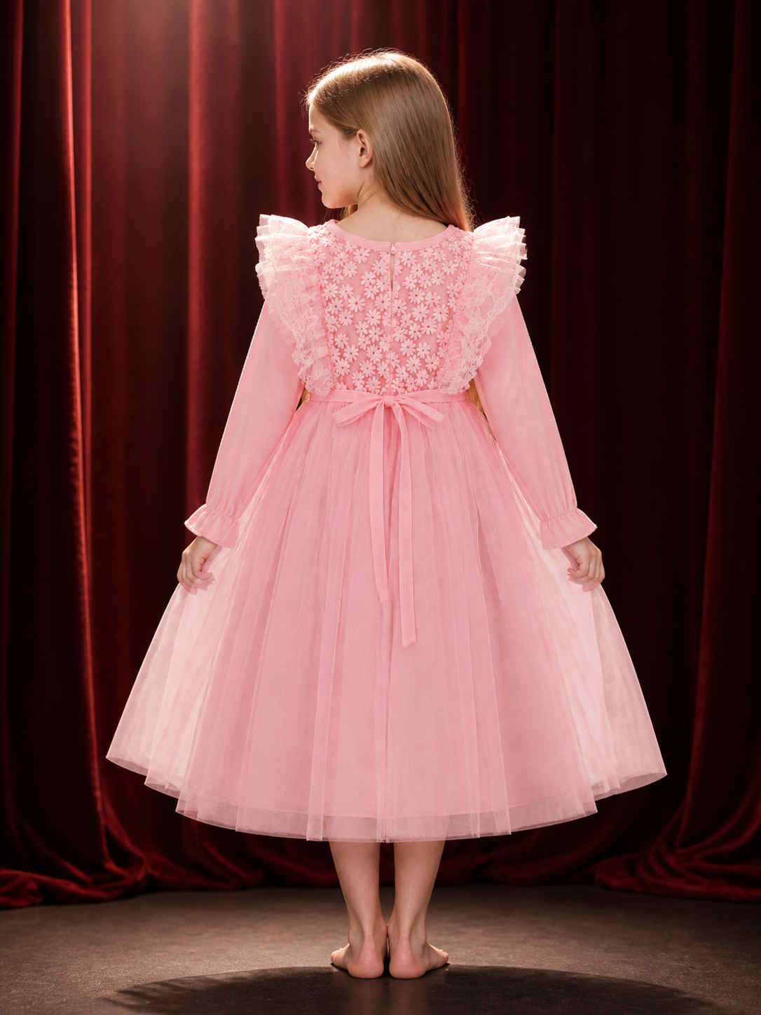 Infant Girls' Pink Princess Dress, Long Sleeve Lace Tulle Floral Embroidered back view