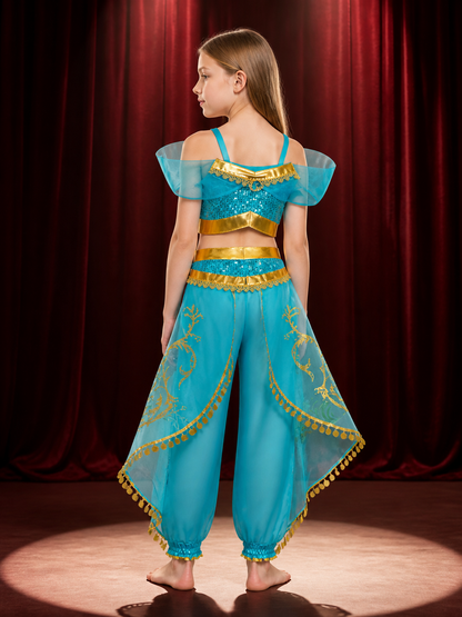 Girls Arabian Princess Halloween Costume Set, Sequined Top and Harem Pants back view