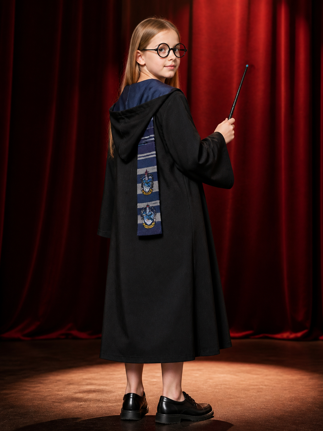 Wizard Robe Costume Set, Hooded Cloak With Striped Scarf, Tie, Glasses And Wand back view