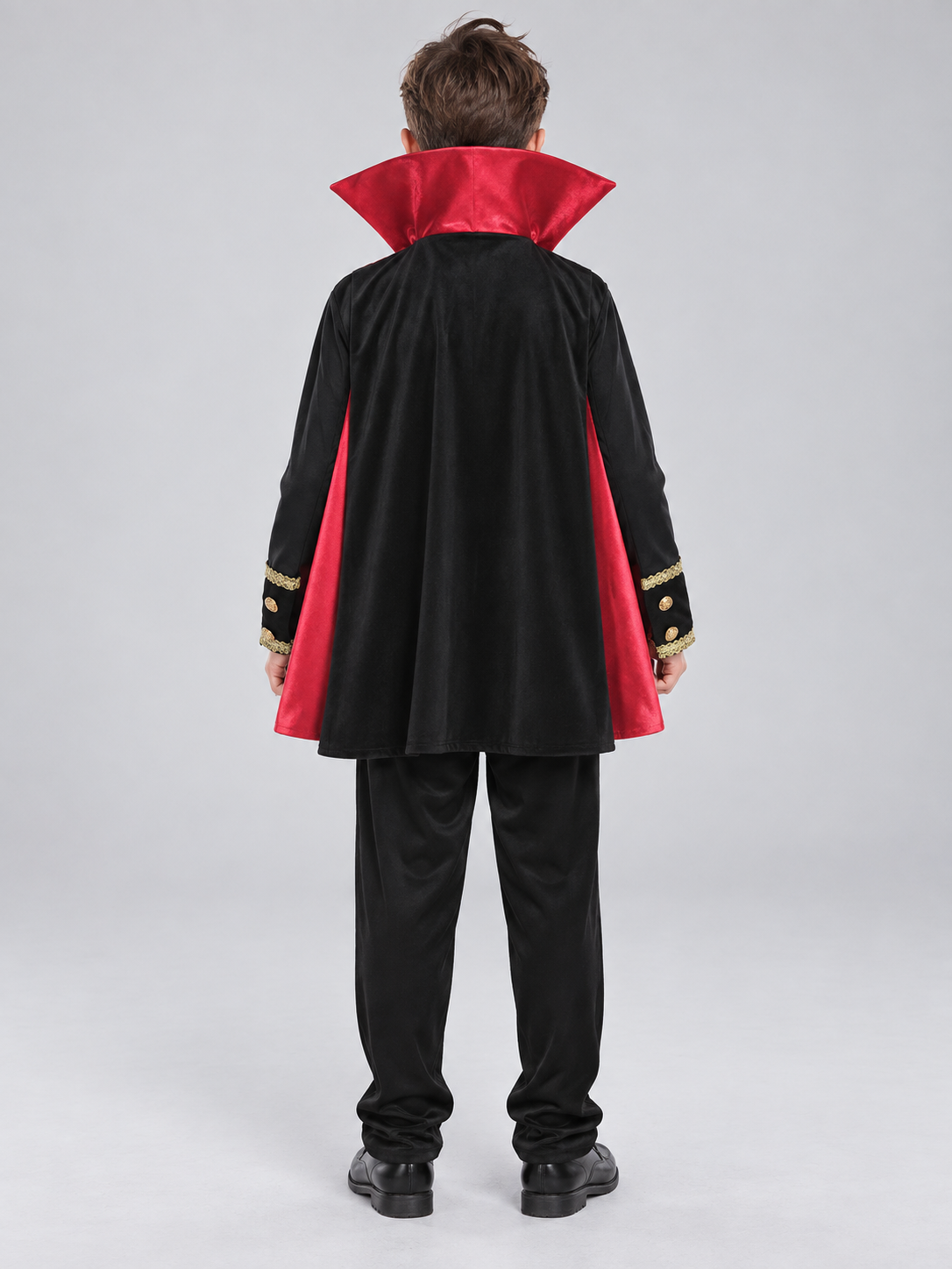 Children's vampire costume with cape and fangs back view