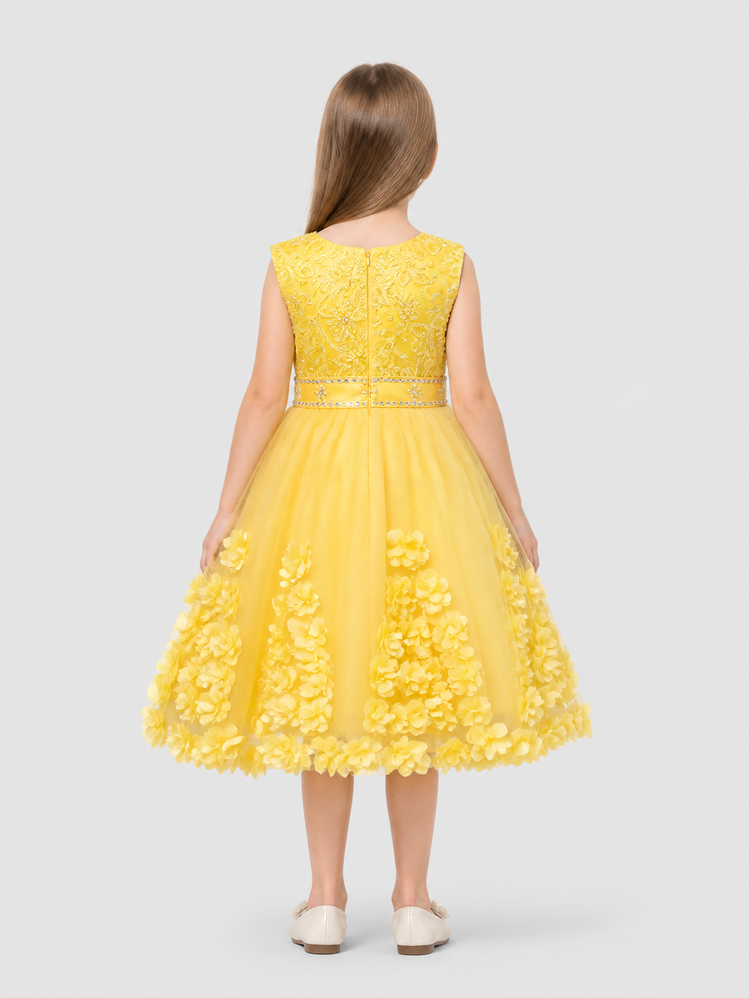 Yellow Girls' Tutu Dress with Flowers and Beads back view