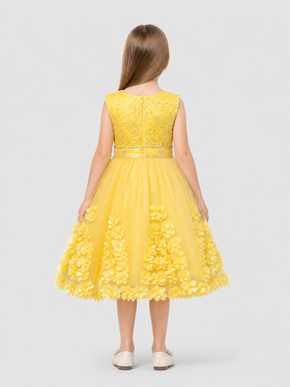 Yellow Girls' Tutu Dress with Flowers and Beads back view