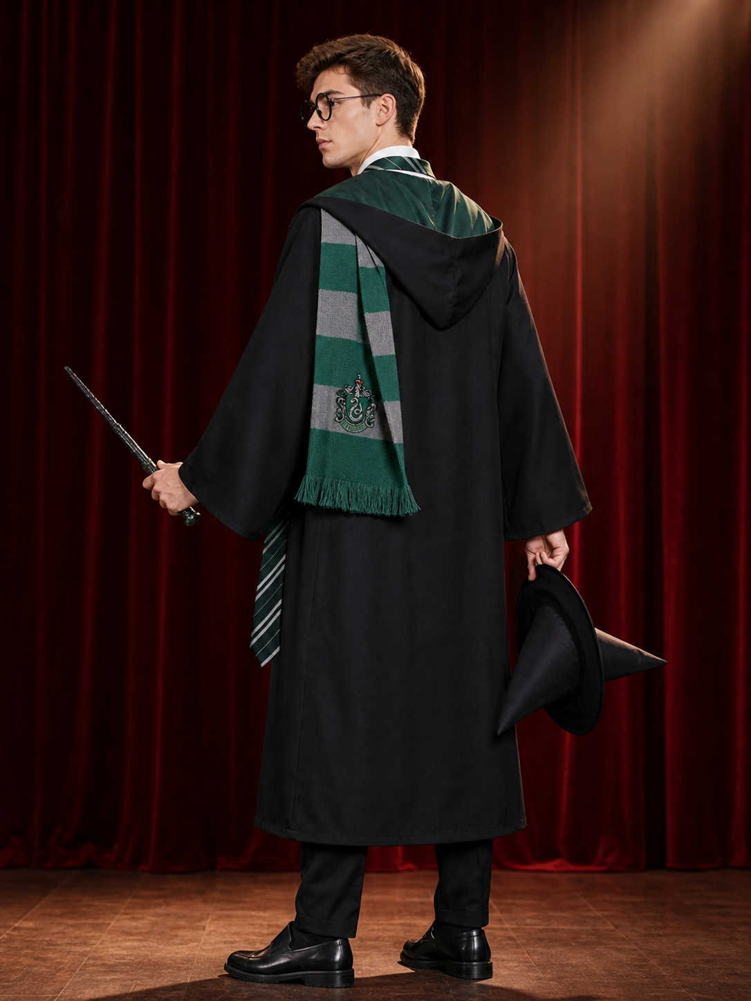 Kids Wizard Robe Costume Set with Green and Gray Striped Scarf, Hat, Glasses back view
