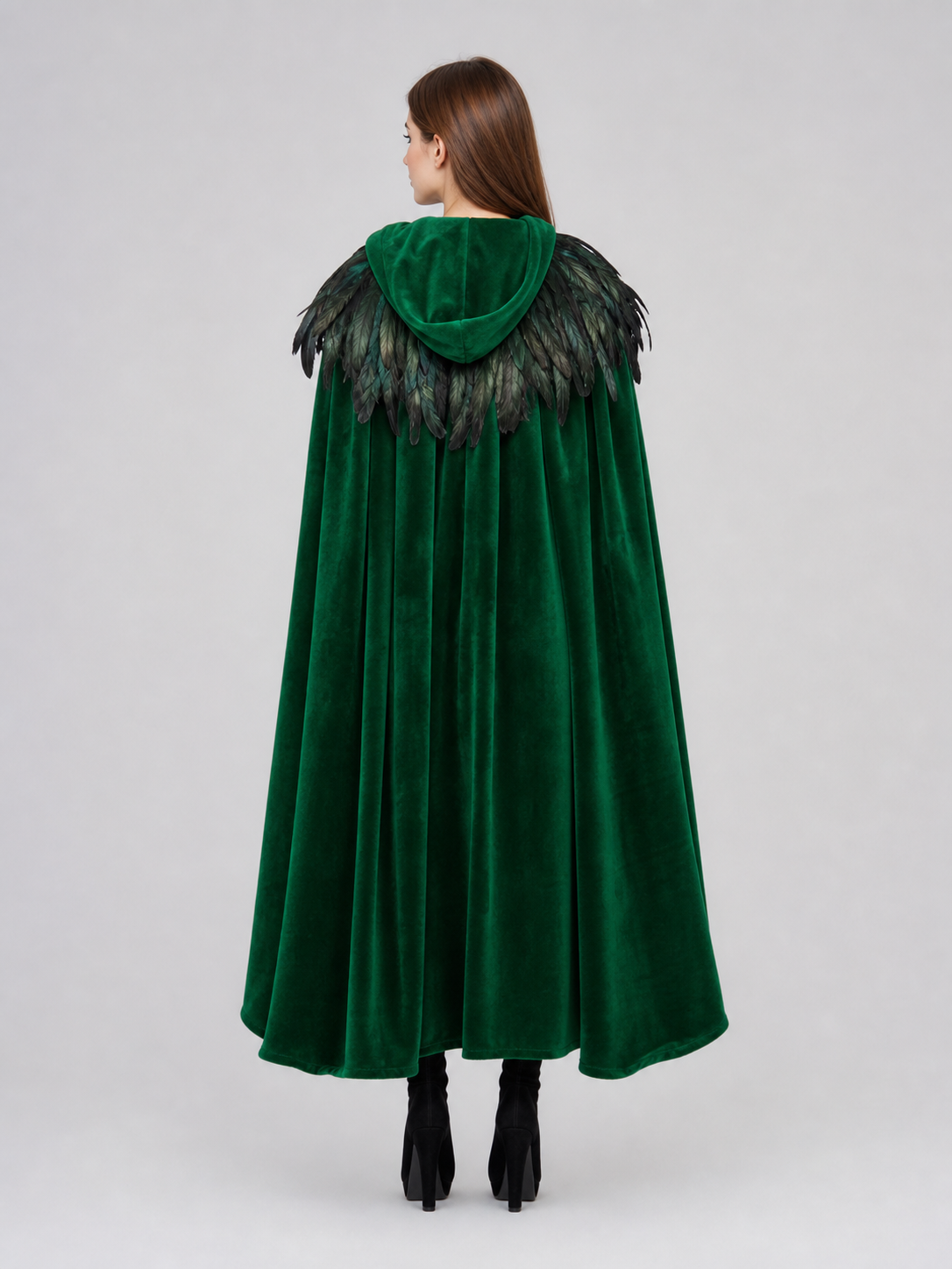 Green Hooded Velvet Feather Cape
