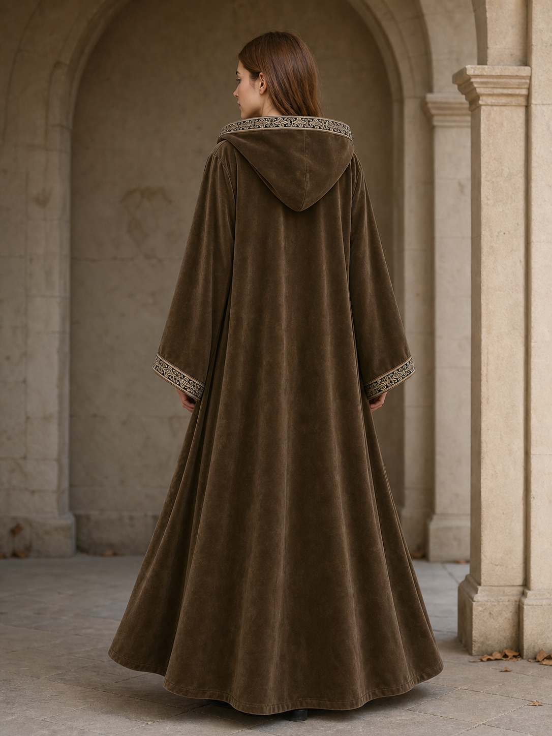 Long Hooded Robe, Brown, Loose Fit back view 8