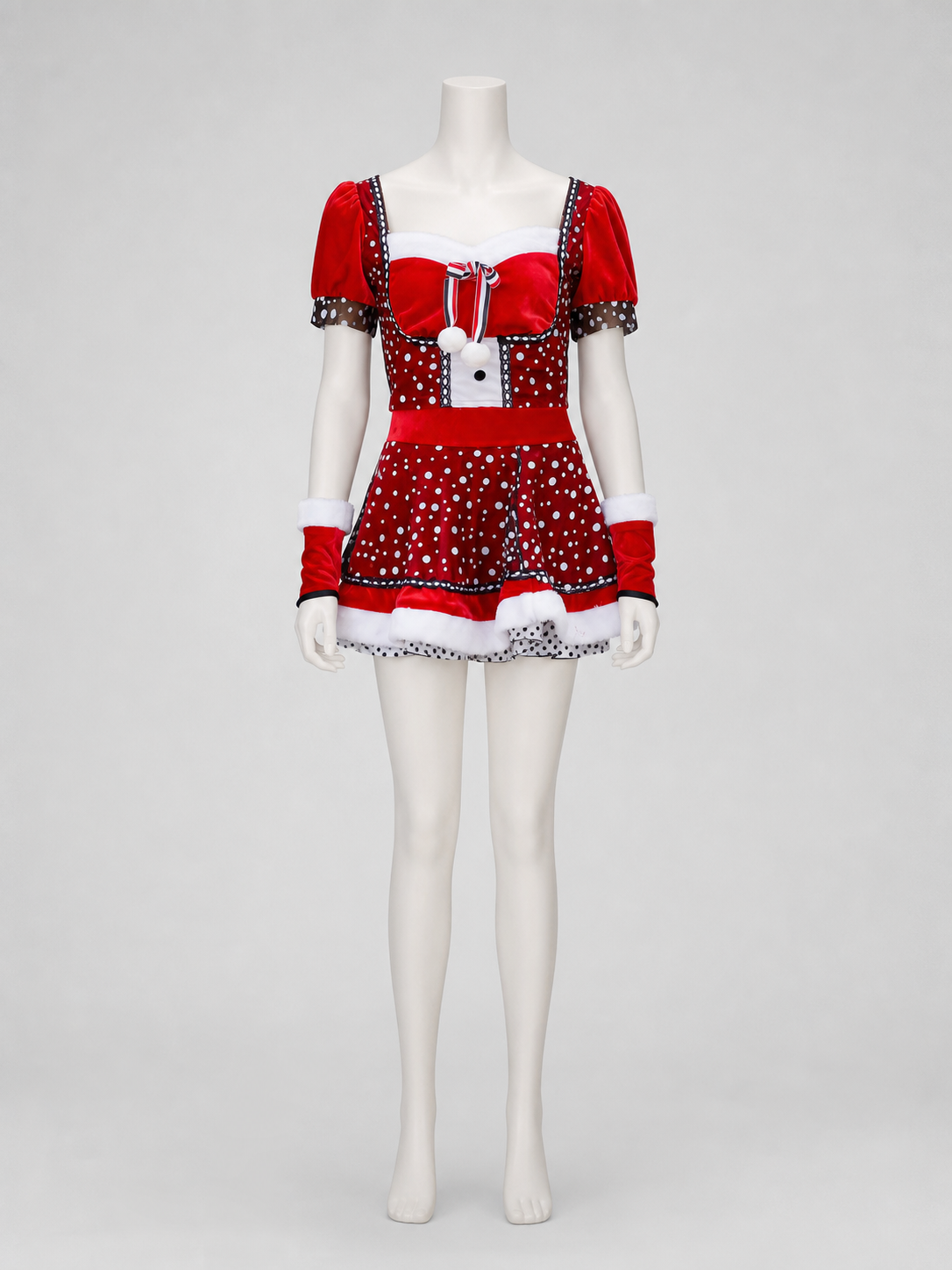 New Year's costume: red dress with black-and-white decoration back view