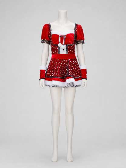 New Year's costume: red dress with black-and-white decoration back view
