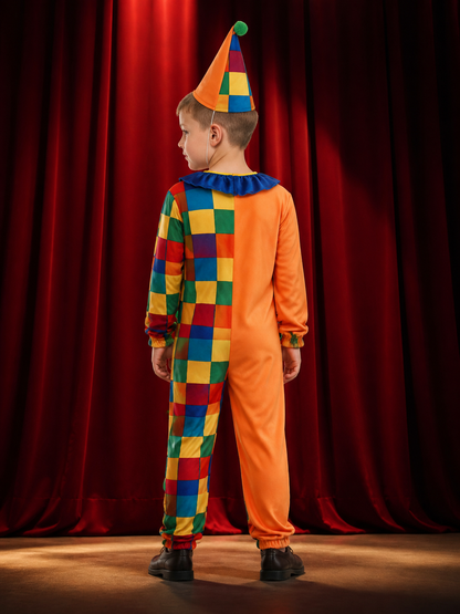 Kids' Colorful Clown Jumpsuit Costume Set with Pointed Hat back view