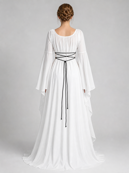 Long White Dress with Flared Sleeves and Lacing