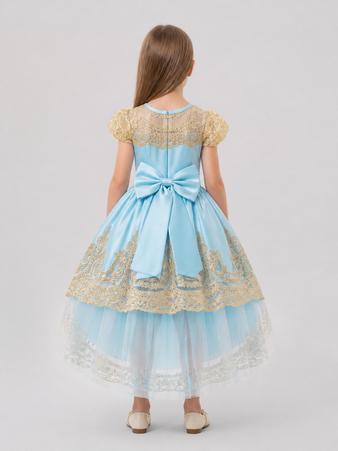 Blue Princess Dress with Gold Lace and Train back view