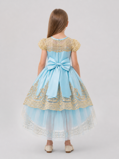 Blue Princess Dress with Gold Lace and Train back view