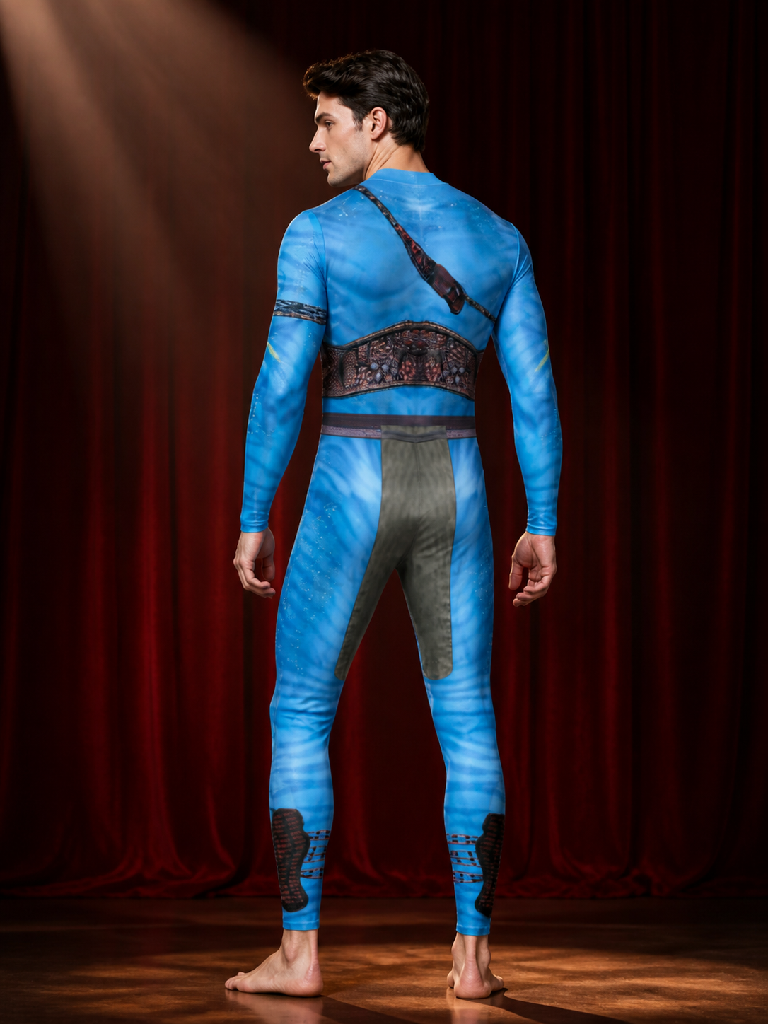 Blue Alien Armored Bodysuit Costume, High Collar Printed Halloween Outfit back view