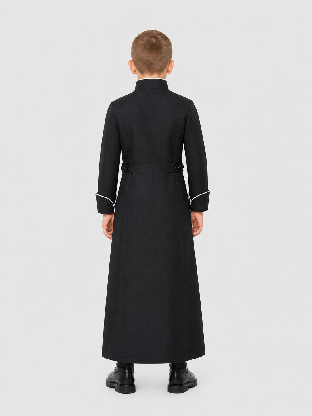 Black Long Cosplay Cassock with White Trim back view