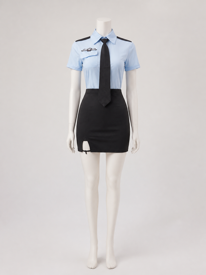 Women's Police Officer Costume Set, Short Sleeve Shirt with Skirt & Tie back view