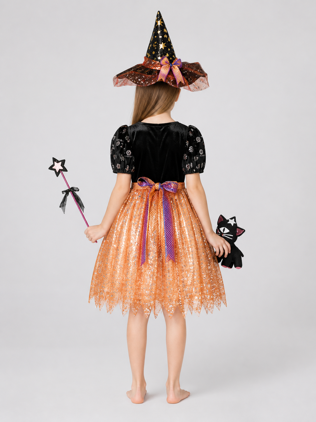 Children’s Witch Costume: Skirt, Hat, Wand, and Kitten back view