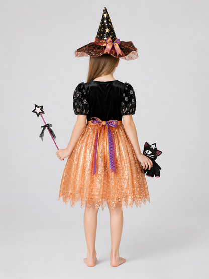 Children’s Witch Costume: Skirt, Hat, Wand, and Kitten back view