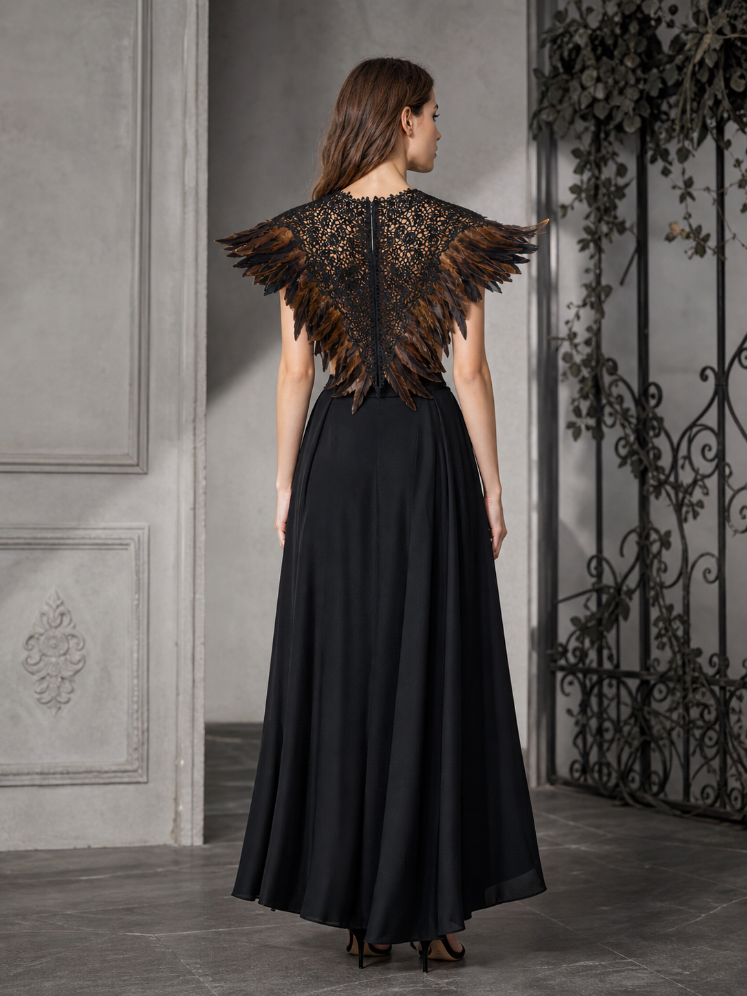 Khaki Feather Lace Shawl, Black Draped Lace Center, Brown & Black Multi-Layer Feather Trim, Floral Cutout Lace, Pointed Edge, Stage Costume