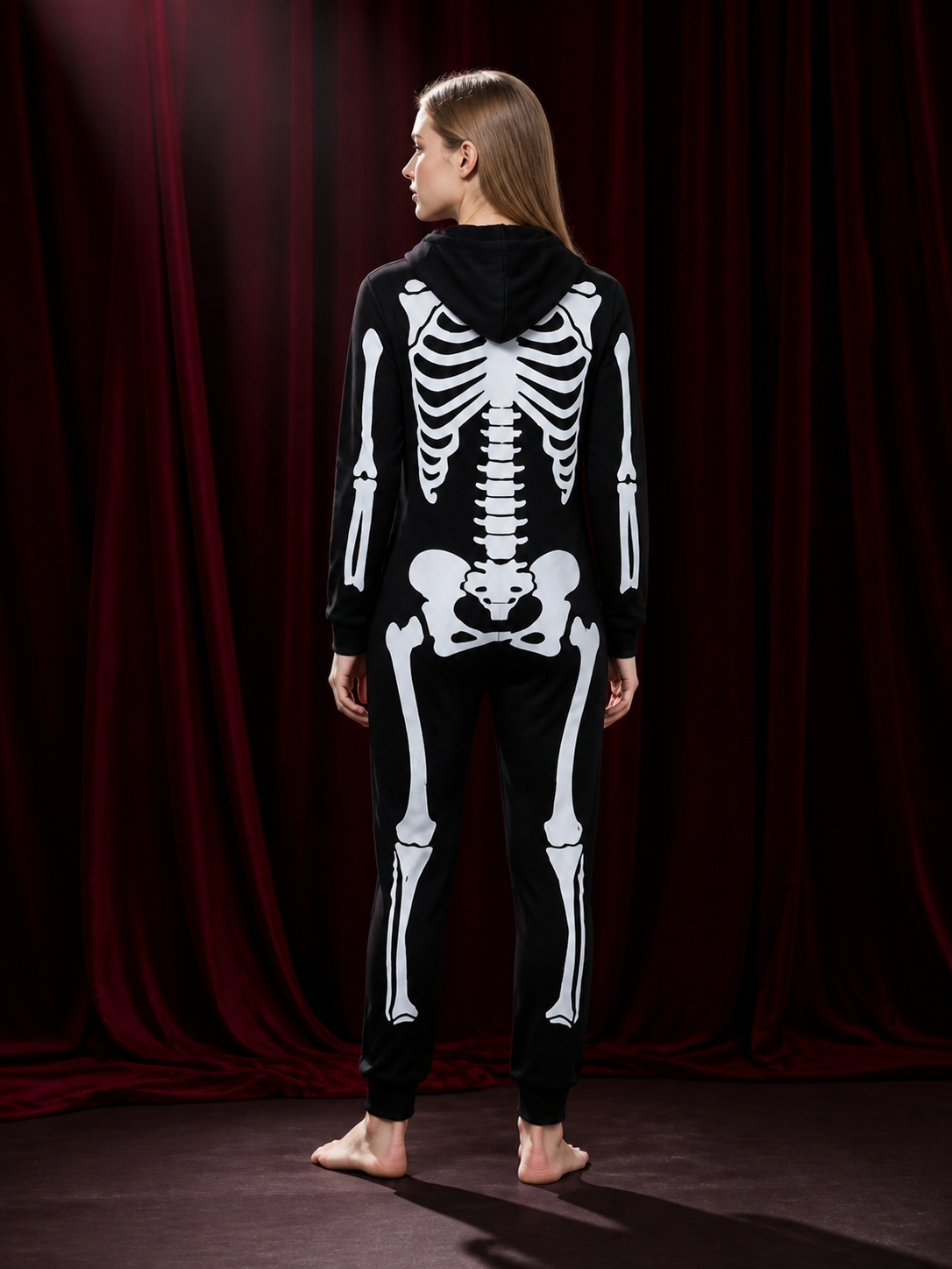 Glow In The Dark Skeleton Bodysuit Costume, Fluorescent Green Bones, Hooded Full back view