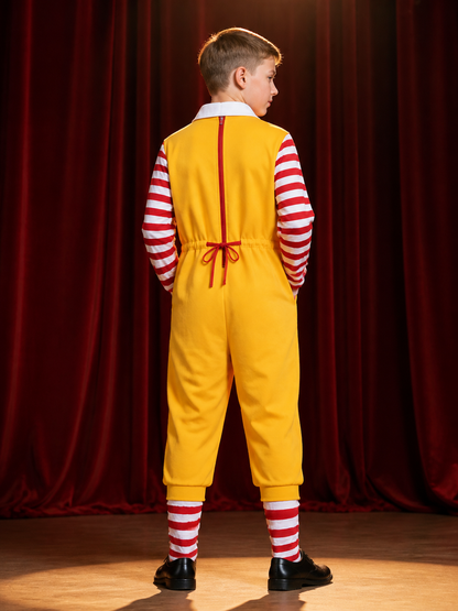 Clown Jumpsuit Costume, Red White and Yellow Striped Halloween Cosplay Outfit back view
