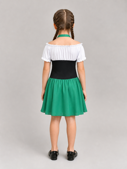 The dress is designed in a combination of white, green, and black. The silhouette emphasizes the waist and features a flared skirt. The design is finished with voluminous white short sleeves, a green tie collar, and green polka-dot trim. Th