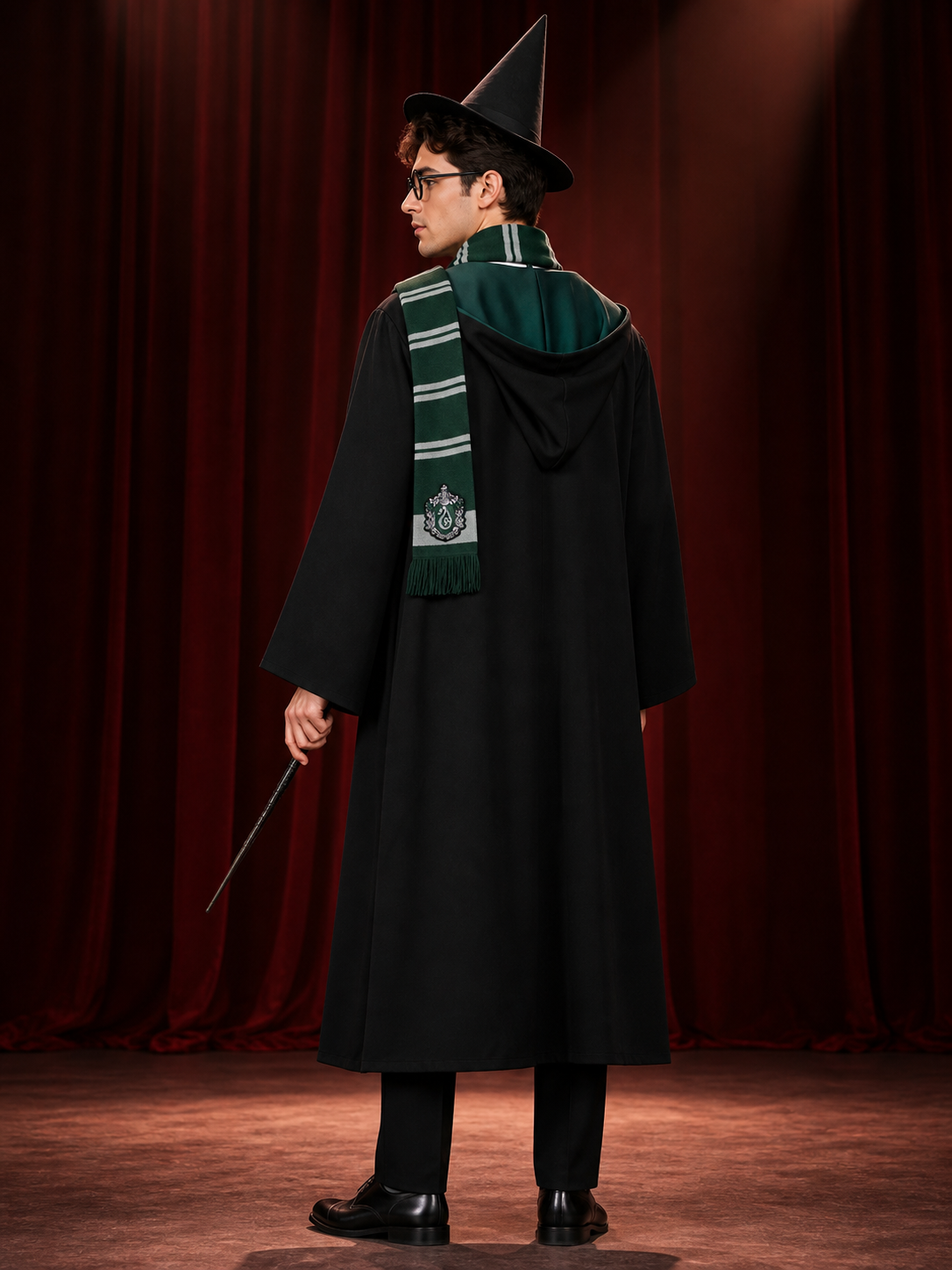 Men's Wizard Robe Costume Set, Hooded Academy Outfit With Hat, Tie, Scarf back view