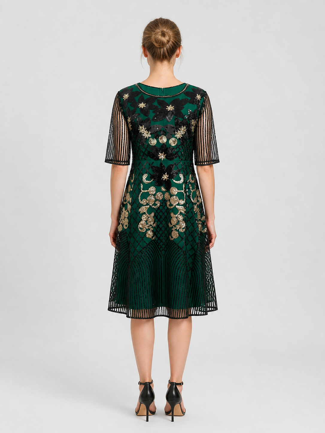 1920s-Style Sequin Dress with 3/4 Sleeves back view