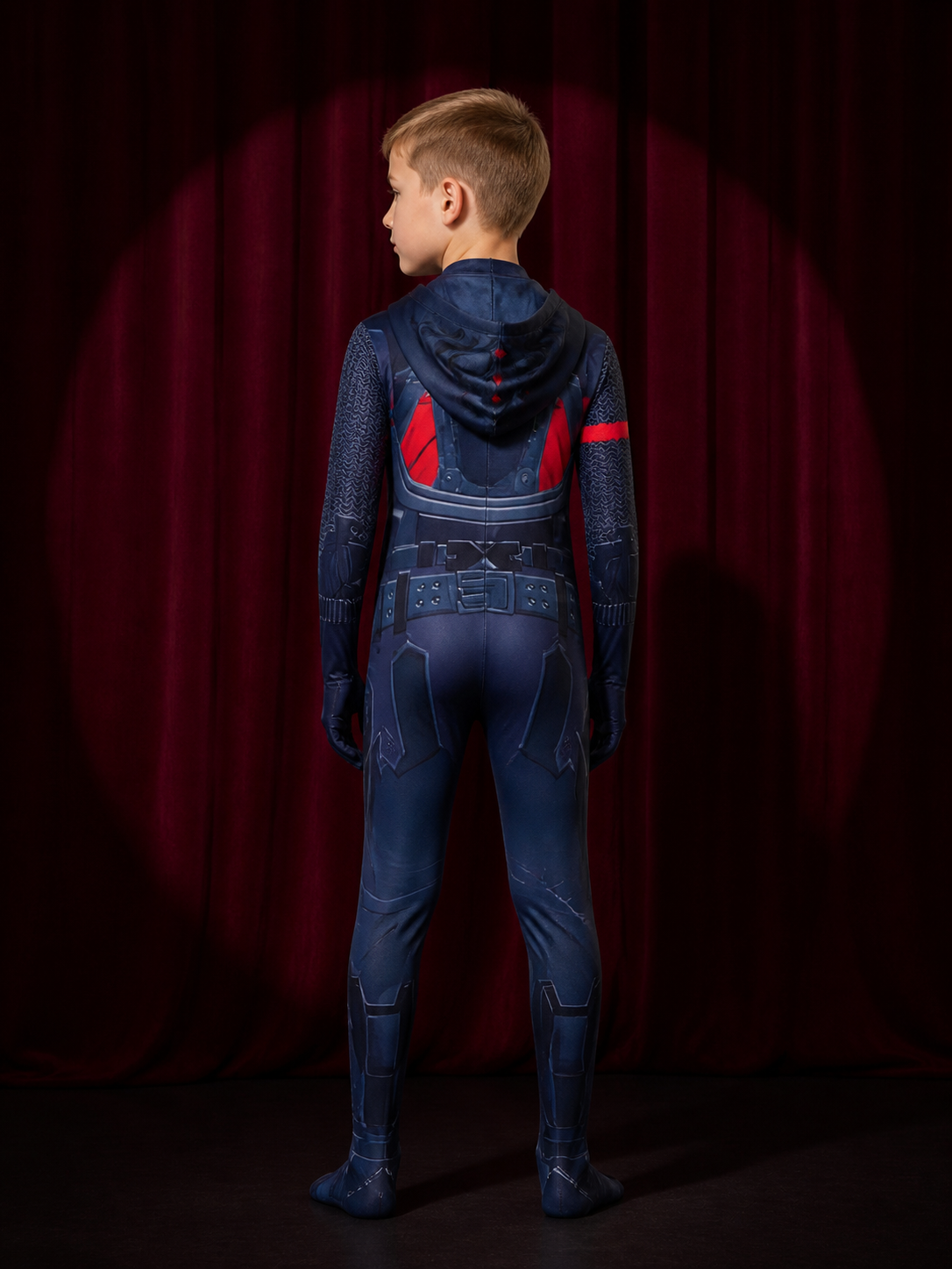Armored Future Warrior Jumpsuit Costume with Red Eye Strip and Geometric Print back view