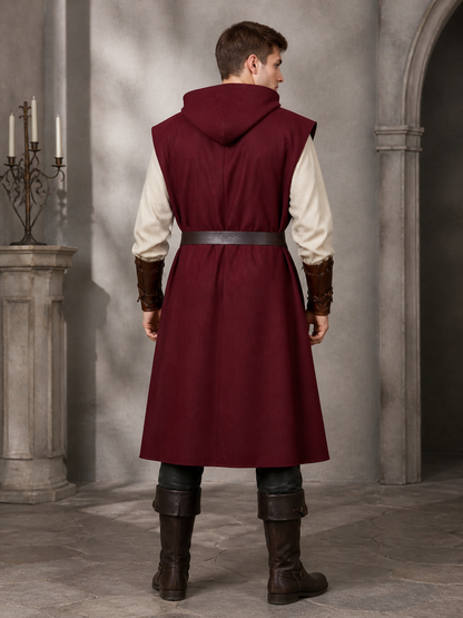 Adult Medieval Fantasy Hooded Cape, Wine Red Sleeveless Long Split-Hem Cloak back view