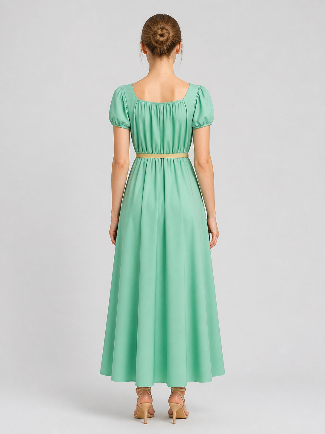 Mint Bridgerton Dress with Puff Sleeves and High Waist back view